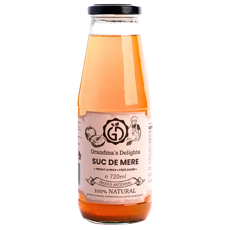 Suc de mere 100% natural Grandma's Delights, Fără zahăr adăugat, Presat la rece, Fără conservanți și aditivi 720ml